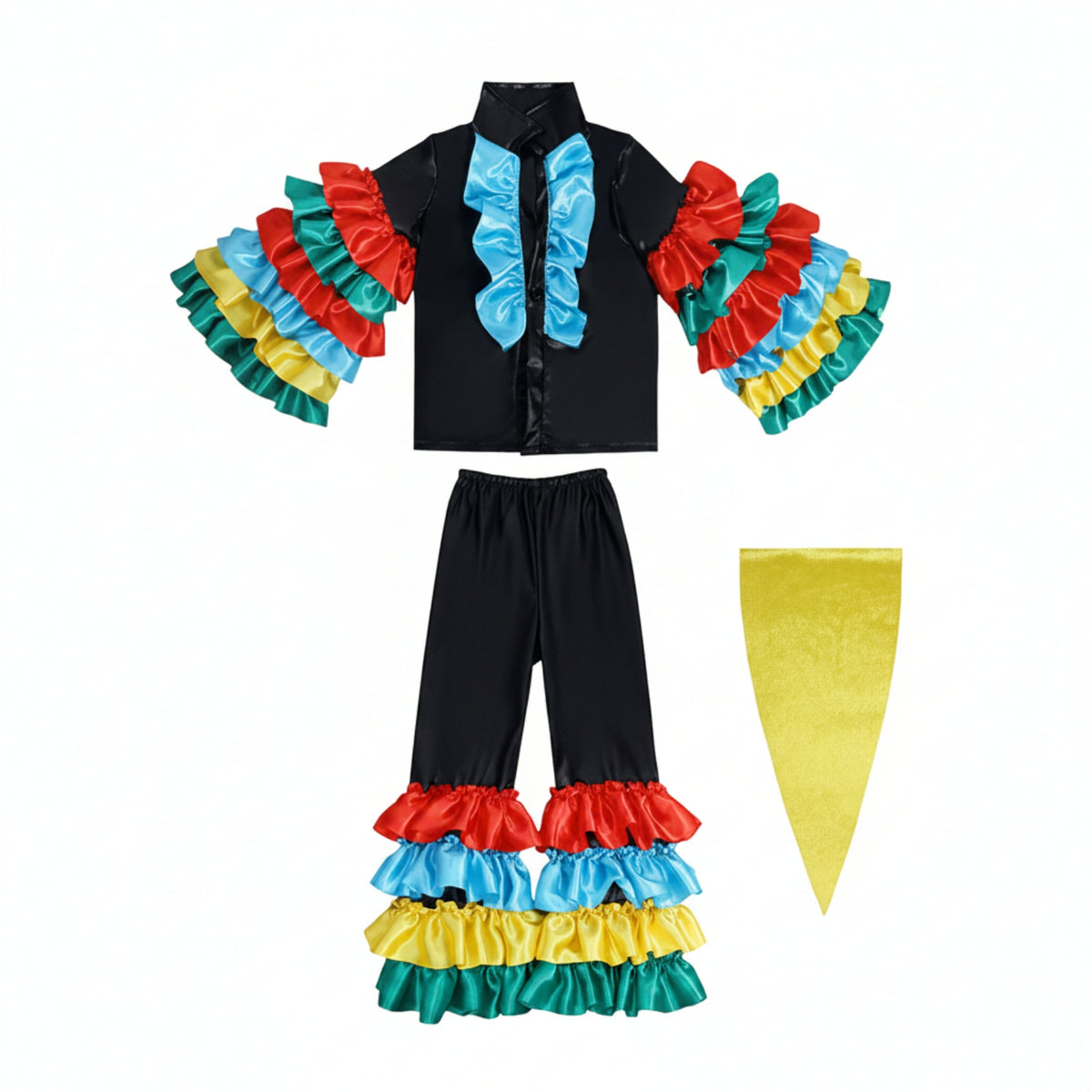 Layered Ruffles Children's Costume Stand Collar Black Costume Set Front Opening Ruffled Stage Outfit Elastic Waistband for Dance, Cosplay