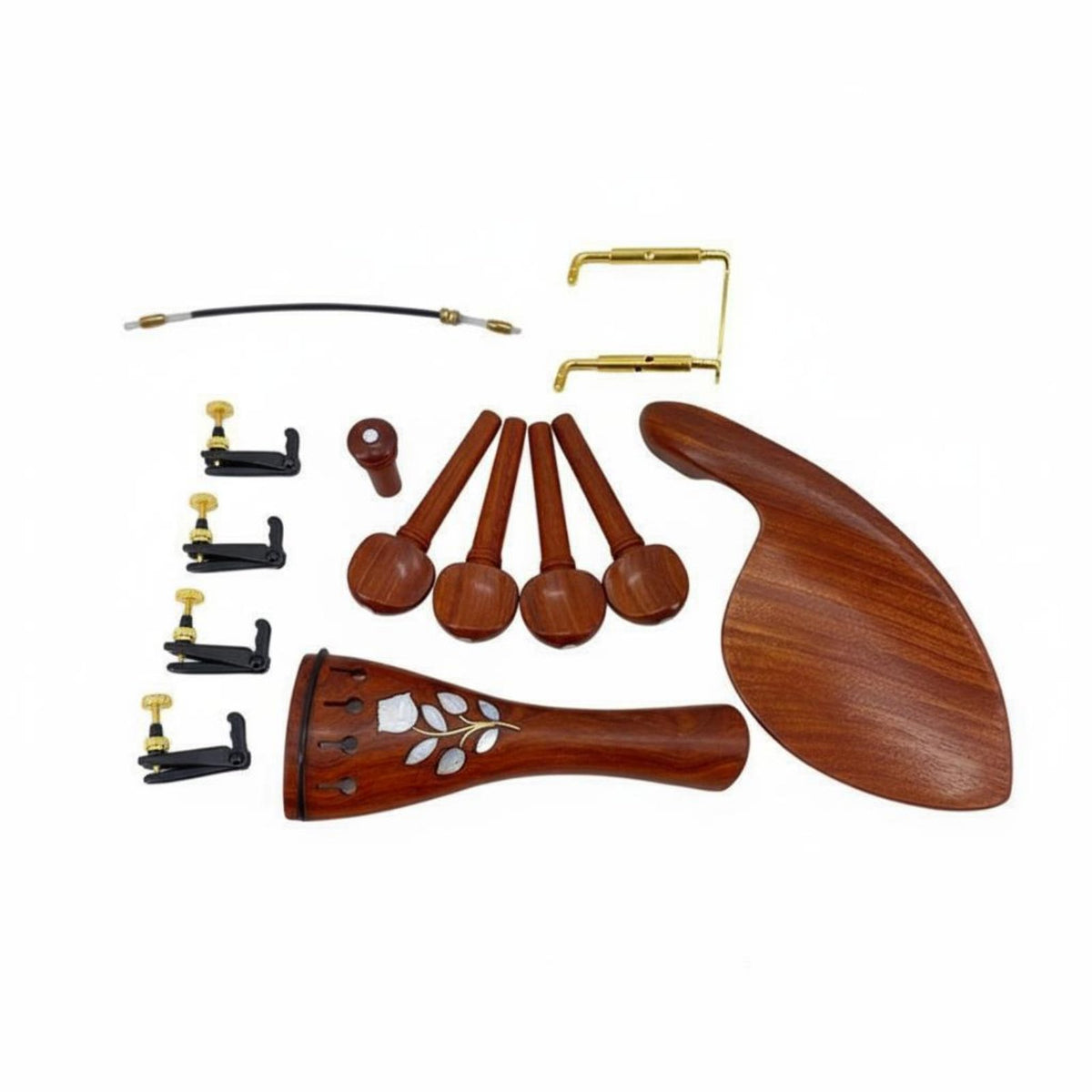 Violin Chinrest Tailpiece Pegs Set Flower Inlay 4/4 Violin Fittings Set for Violinists
