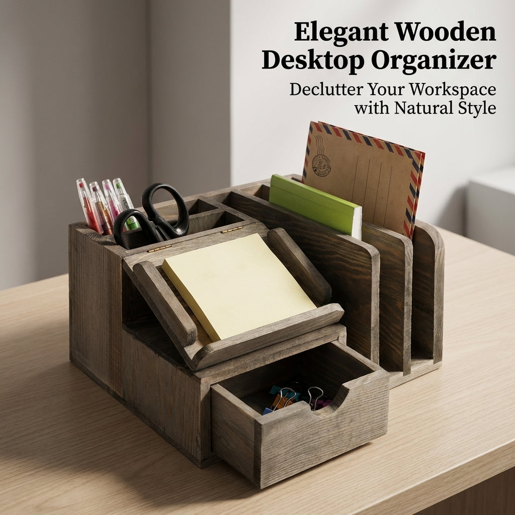 Desk Storage Organizer with Drawer, Wooden Desktop Drawers for Office Small for with Pen Holder, Modern Minimalist Style