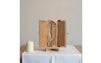 Folding Triptych Tabletop Carving with Hinged Panels Hand-Carved Shrine for Collectors, Desk