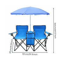 Double Folding Chair with Umbrella Foldable Design Portable Beach Loveseat with Canopy Storage Pockets Outdoor Furniture for Picnic, Backyard