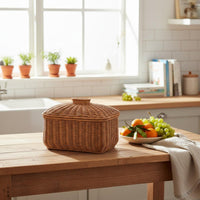 Multi-Purpose Rattan Design Storage Basket with Lid Handwoven Imitation Rattan Lidded Bin Long-Lasting Construction for Kitchen, Bedroom