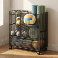 Wire-Grid Rolling Mesh Rack Freestanding Gym Storage Rack Large Capacity Exercise Mat Holder Space-Saving