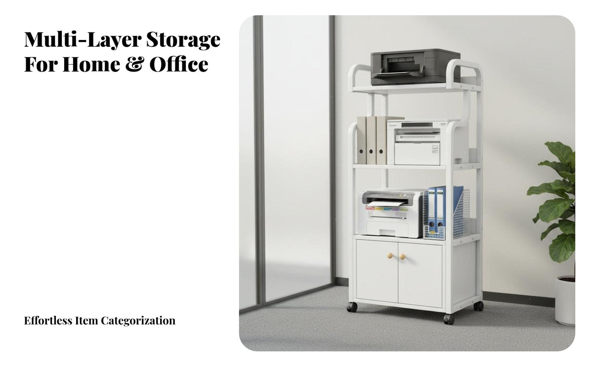 Multi-Tier Office Shelf on Wheels Large Capacity Rolling File Storage Cart Space Saving Mobile Printer Stand for Homeowners, Workspace, Study Room