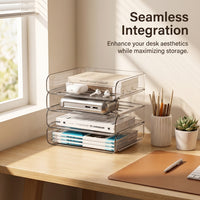 Clear Desk Storage File Organizer, 4-Tier Stackable Document for A4 Paper, Workspace Organization for Office Home School