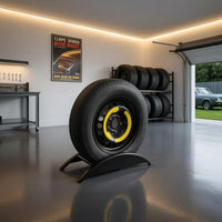 Black Metal Upright Tire Display Rack Cylindrical Arms Single Tire Holder Welded Frame Garage Storage Polished Finish for Showroom