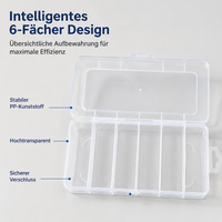 Transparent storage box with lid, PP sorting box for small parts, 6 compartments, 200x102x30mm, perfect for electronics & screws