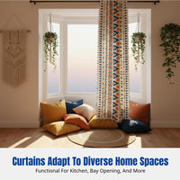 Linen Curtain with Bohemian Geometric Print, Colorful Tassels, Semi-Light Blocking, for Kitchen, Bay Window, or Bedroom