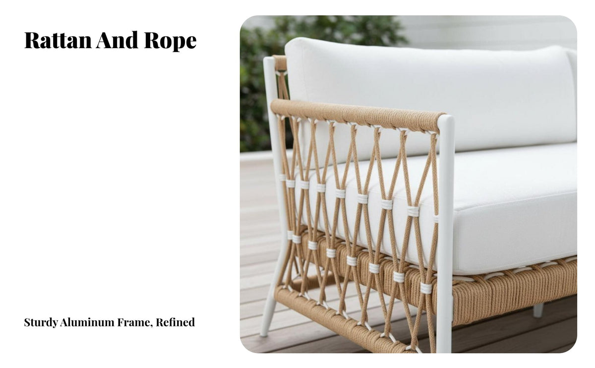 4 Pieces Nordic Design 4-Piece Rope Weave Chat Set Weather-withstandant Loveseat and Chair Set Water Garden Seating Group Easy to Clean for Families, partners, Homeowners, Sunroom, Patio, Balcony, Backyard