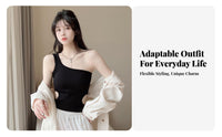 Single Shoulder Top Built-in Pads Padded Camisole Ribbed Cutout Top Korean Design Rib-Knit Texture for Teens, Summer