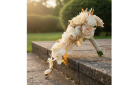 Cascading Bridal Bouquet Wrapped Stem Matching Wedding Flower Set Cream-White Wrist Corsage Boutonniere Set for Brides, Party, Gift