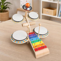 Wooden Percussion Table Multifunctional Music Station Toddler-Friendly Musical Toy with Cymbals Educational for Toddlers, Kids, Beginners, Playroom, Preschool, Nursery