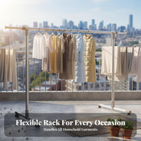 Freestanding Design Adjustable Costumer Stand Mobile with Rolling Casters Wheeled Single Clothing Rack Lockable casters Laundry Supply for households, Apartment Dwellers, Students, Bedroom, Balcony, Dorm Room