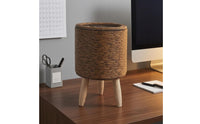 Wooden Legs Rattan Planter Clear Liner Wood Leg Planter Tabletop Wicker Plant Basket Decorative