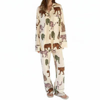 spotted feline Print Button-Front Sleep Suit Long Sleeve for Lounging, Weekends, Adults
