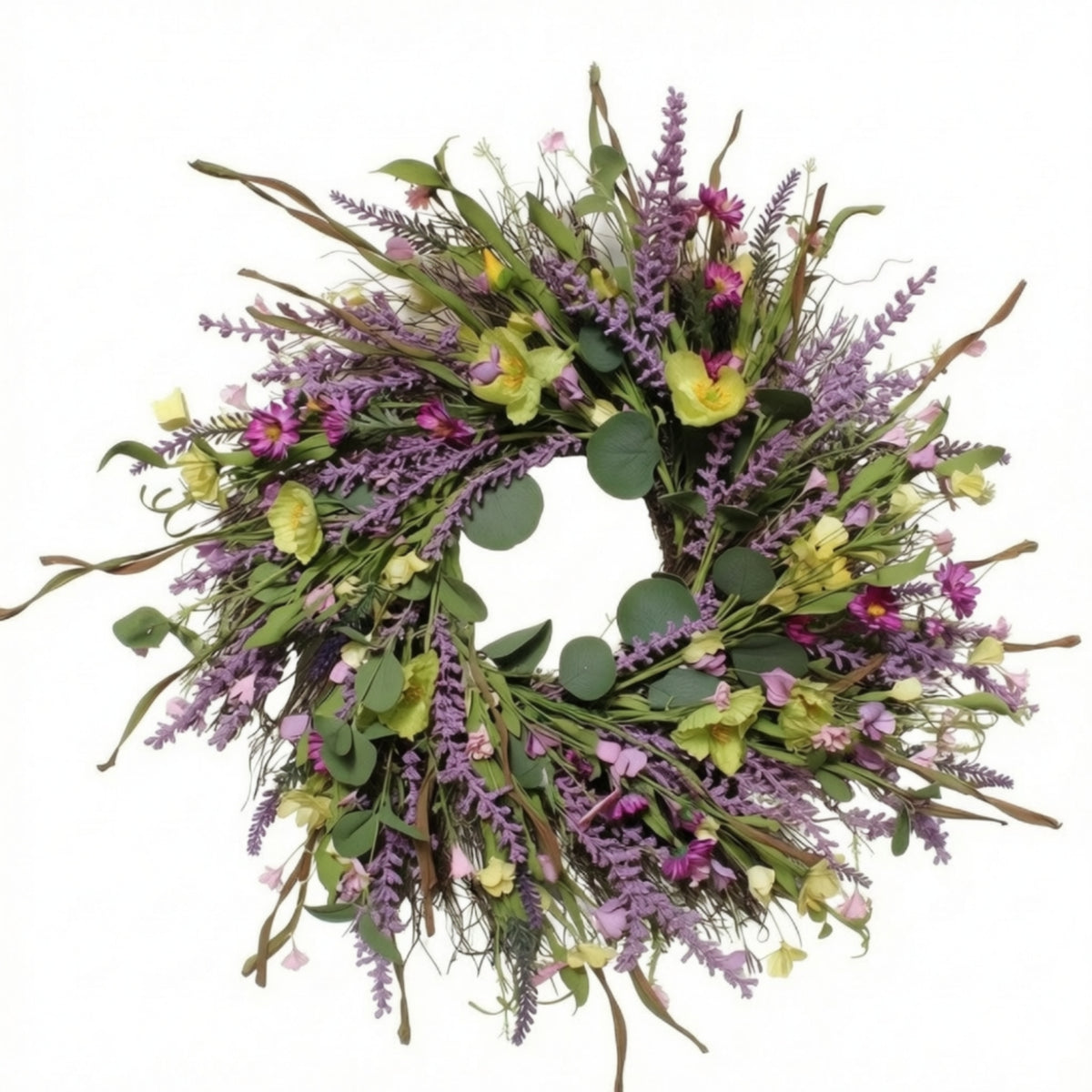 Artificial Lavender Wreath Faux Spring Wreath with Mixed Blossoms Outdoor for Front Door