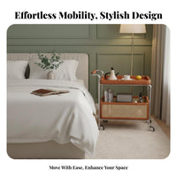 Solid Wood Rattan Storage Trolley Retro Design Multi-Tier Storage Rack 360° Swivel Casters 2-Tier Rolling Utility Cart Versatile for Apartment Dwellers, Office Workers, Party Hosts, Living Room, Bedroom, Kitchen, Pantry