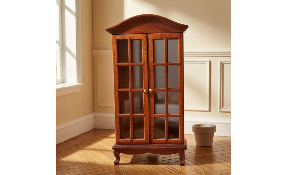 1:12 Scale Miniature Display Cabinet Wooden Dollhouse Cabinet with Glass Doors Vintage Furniture Walnut for Collectors