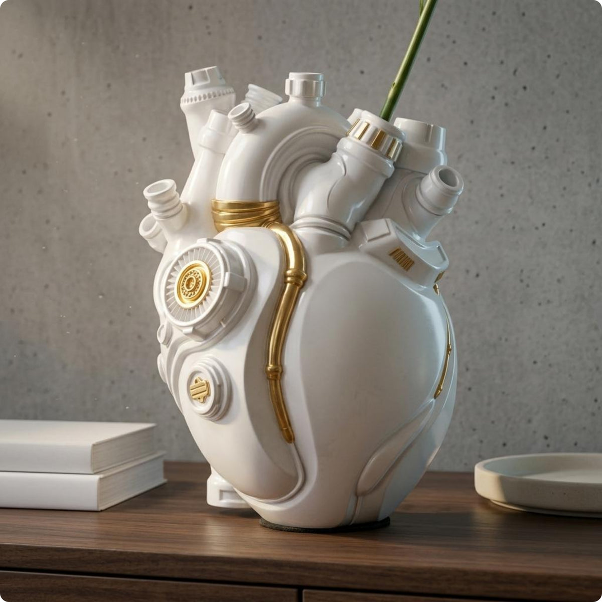 Unique Gift Cyberpunk Heart Vase Pipe Details Mechanical Heart Vase Layered Design Home Decor Metallic-finishLook