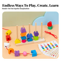 Solid Wood Construction 5 Post Stacking Game Improves Fine Movement Skills Wooden Geometric Stacker Hand-Eye Coordination for Preschoolers