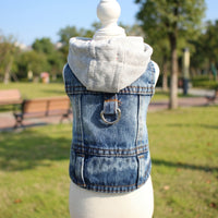 Dog Denim Vest with Leash Hole, Two-Legged Clothing Hooded Jacket, Unisex Jeans Style Small Pet Clothes for Fashionable Puppy Outdoor Wear