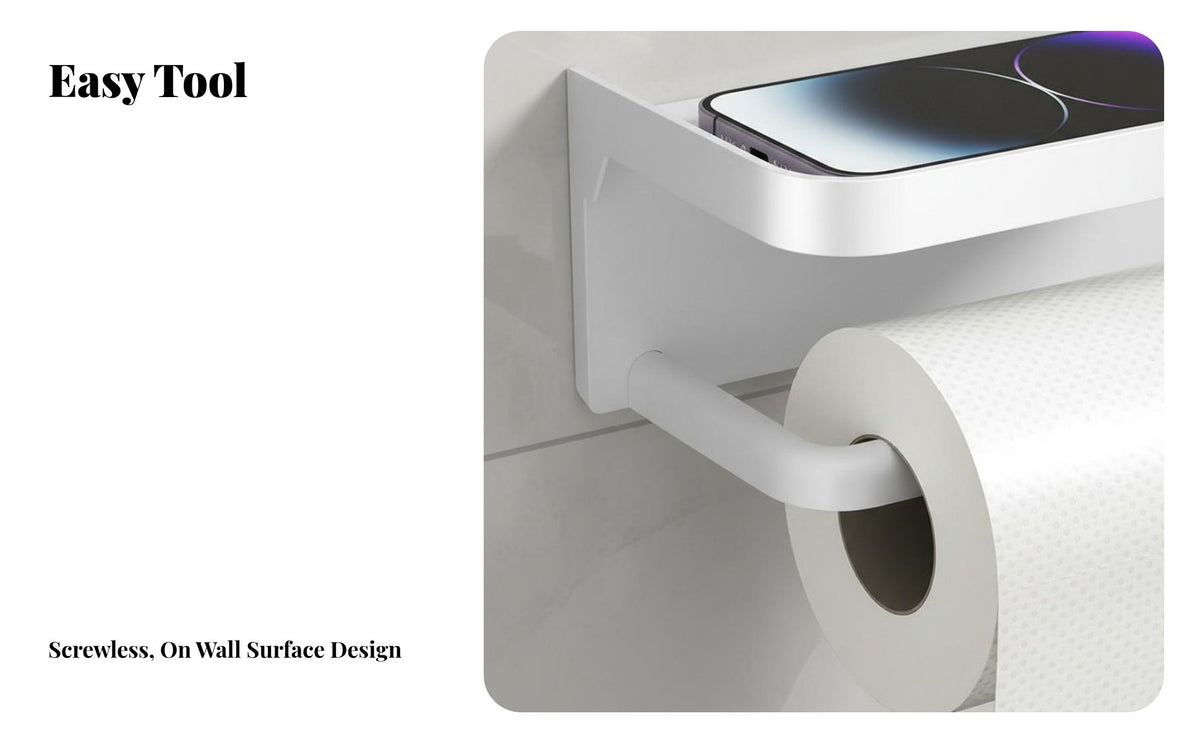 No-Drill Installation Toilet Roll Holder with Shelf Moisture-Proof Tissue Dispenser Waterproof Wall-Mounted Rack Long-Lasting Construction for Homeowners, Families, Students, Washroom, Powder Room, Kitchen