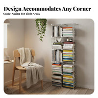 Multi-Layer Design Narrow Floor Bookshelf Space Saving Metal Grid Shelf Multifunctional Modular Wire Shelf Easy Assembly for Children, Students, Study Room, Bedroom, Office, Playroom