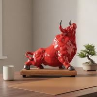 Ceramic Ox Figurine Feng Shui Symbol Vermilion Bull Statue Elegant Home Decoration for Business Owners