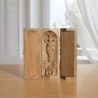 Folding Triptych Tabletop Carving with Hinged Panels Hand-Carved Shrine for Collectors, Desk