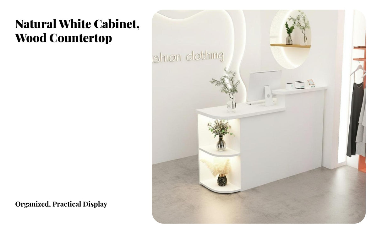 Salon Front Desk Curved Design Modern Reception Desk LED Lighting Retail Cashier Stand for Receptionists, Business Owners, Lobby, Hotel