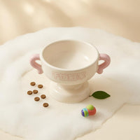 Glossy Elevated Pet Bowl Cream-Colored Pedestal Pet Bowl Loop Handles Whisker Friendly Cat Feeder Smooth