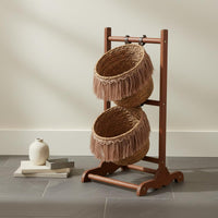 Solid Wood Frame Multi-Tier Basket Organizer Multifunctional Freestanding Woven Basket Stand Space Saving Storage Rack Removable Bag for Bathroom