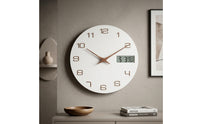 12 Inch Wall Clock with LCD Display 30 Cm Wall Clock with Temperature Display Linen-Textured Silent for Apartments