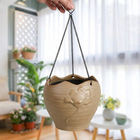 Plant Pots for Indoor Plants with Hanging Basket Chain, Round Relief Molding Hanging Pot Style, Semi-Handmade Plant Bowl