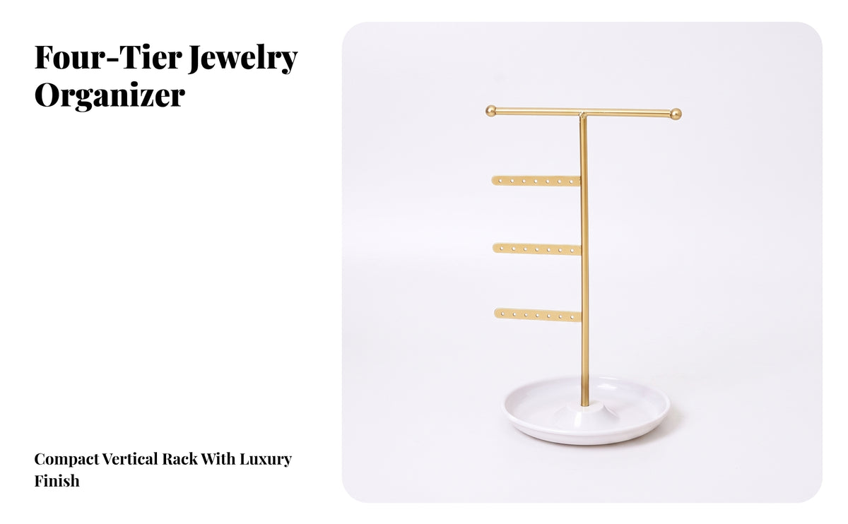 Horizontal Bar Jewelry Stand with Tray | Perforated Hanging Arms, Space-Saving Desktop Design, Jewelry Organizer with Tray, for Vanity