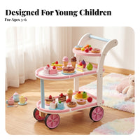 Pink and White Wooden Toy Cart Curved Handle Wooden Rolling Cart Open Shelves Children's Furniture Rounded Edges