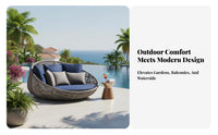 Woven Rattan Look Round sun shade Daybed Weather Resistant Patio Lounger Thick pads Outdoor Furniture Sturdy Frame for Party Hosts, guest services Businesses, waterside, Balcony, Garden, Backyard