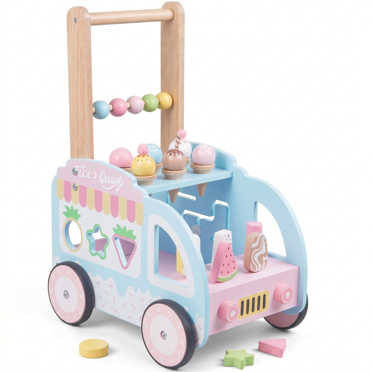 Pastel Blue and Pink Ice Cream Cart Stroller Pretend Play Ice Cream Cart Toy Decorative Cutouts Wooden Baby Stroller Bead Accents