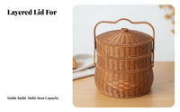 Woven design two-levellevel Lidded Basket Portable Handle Gift Hamper With Lid Household Container for New Homeowners, Newlyweds, Families, Weddings, Housewarming Parties, outdoor meals, Home Storage