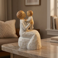 Family Parent and Child Figurine Carved-Wood-Look Parent Child Figurine with Boy Handmade Father Son Sculpture Matte for Parents, Mothers, Nursery, Mantel, Bookshelf