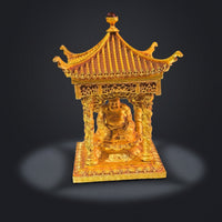 Tabletop Pagoda with Figure Gold-Toned Pavilion Ornament Compact Mini Pavilion for Collectors, Entryway