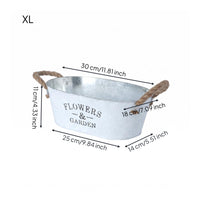 Brushed White Vintage Metal Flower Pot Sturdy Handles Galvanized Oval Planter Oval Metal Planter