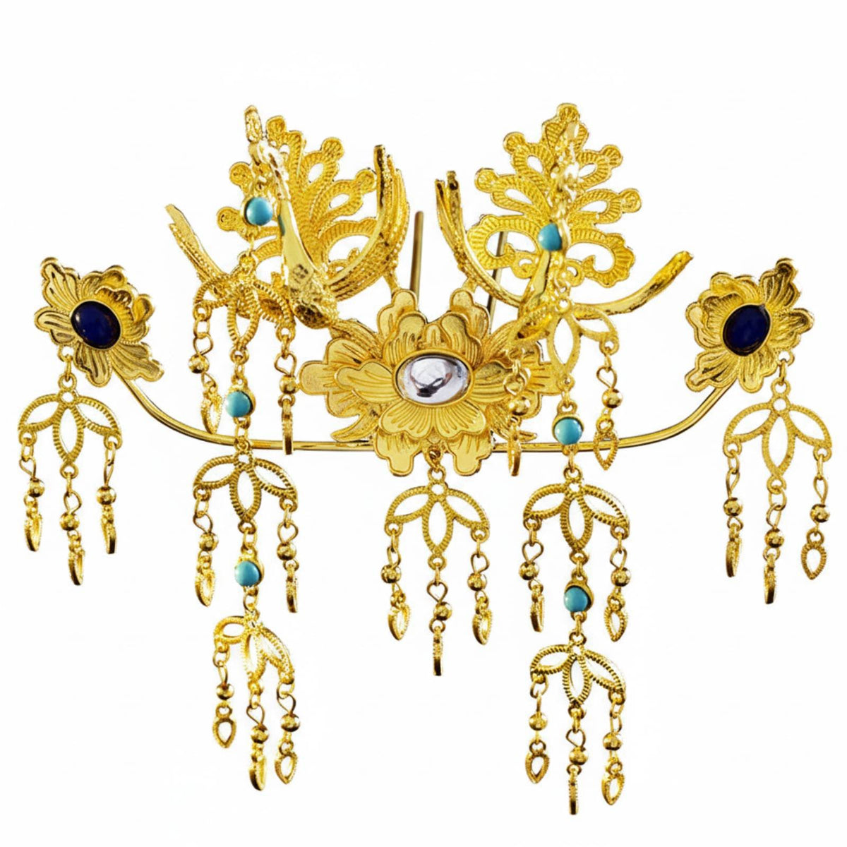 Chinese Regal Avian Hair Crown Dangling Tassels Traditional Chinese Attire Hair Accessory Tang Period Design Hairpiece Gilded