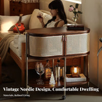 Multi-Functional dual-level Rattan Cart Multifunctional Storage Trolley With casters Side Table Space-Saving Design for Homeowners, Office Workers, Bedroom, Living Room, Small Spaces, Bathroom
