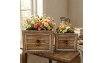 2 Pieces Wooden Planter Box Distressed Brownish Flower Container Paneled Front Home Decor for Tabletop Display