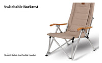 Foldable Design Portable Highspine Recliner Reclining Function Highspine Camp Lounger Lightweight Frame Camping Chair Side Storage Pocket for outdoor enthusiasts, fishers, Sports Fans, Fishing, spineyard, outdoor meal, live events
