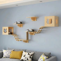 Cat Climbing Frame with Perch and Steps, Wood Wall Mounted Playground for Indoor Pets, Includes House, Pad and Bridge, Simple Style
