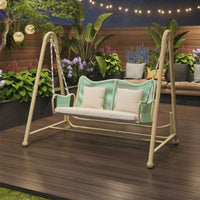 Cushioned Double Swing Chair with Canopy Freestanding Rattan Hanging Chair with Stand Weather-Resistant Furniture Long-Lasting for Couples, Balcony