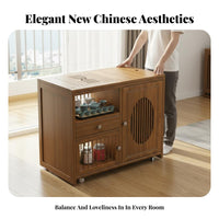 Chinese Design Mobile Tea Brewing Cabinet Automatic Water Boiler 2-Tier Rolling Cart Large Capacity Storage Household Furniture 360° Rotation for Hosts, Homeowners, Adults, Living Room, Balcony, Kitchen, Parties
