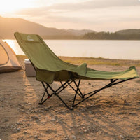 Heavy Duty Steel Frame Folding Camping Chair Side Storage Pocket Reclining Moon Chair Built-in Headrest Portable Beach Lounger Detachable Leg Rest for Beachgoers, Backyard